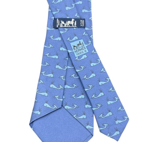 Hermes Royal Blue & Off-White Whale Ocean Print Silk Necktie 7294 EA - Picture 7 of 7
